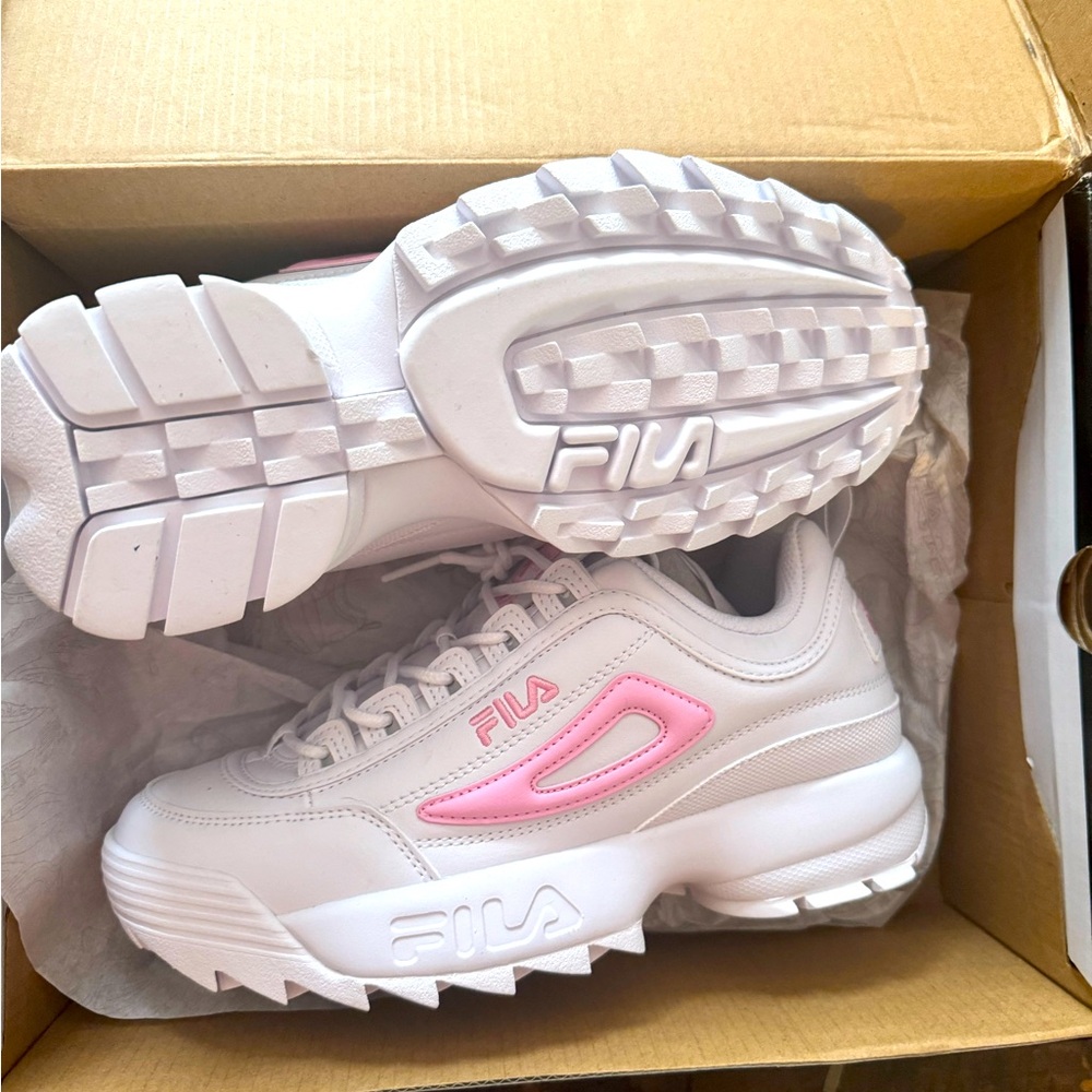 Pink and white fila disruptor II sneakers size 6
